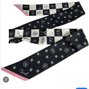 CHANEL Camellia Motif Reversible Scarf Black Pink Luxury Bandana with Box
